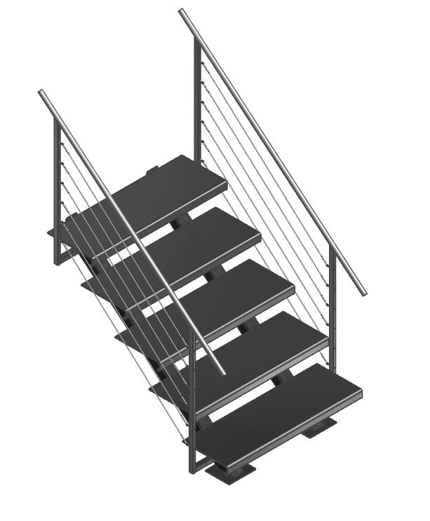 Escala GEA STAIRS M — recta · fins a 10 graons, estructura central d'acer, graons de xapa lacada negra, baranes amb cables inox horitzontals
