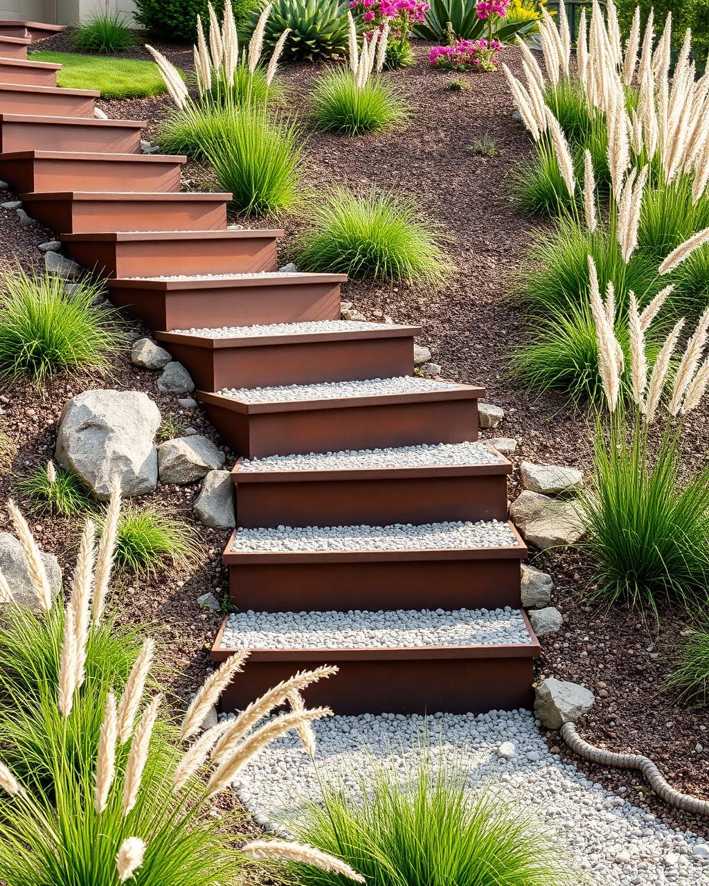 Escales de jardí en acer corten — mòduls en u autoportants