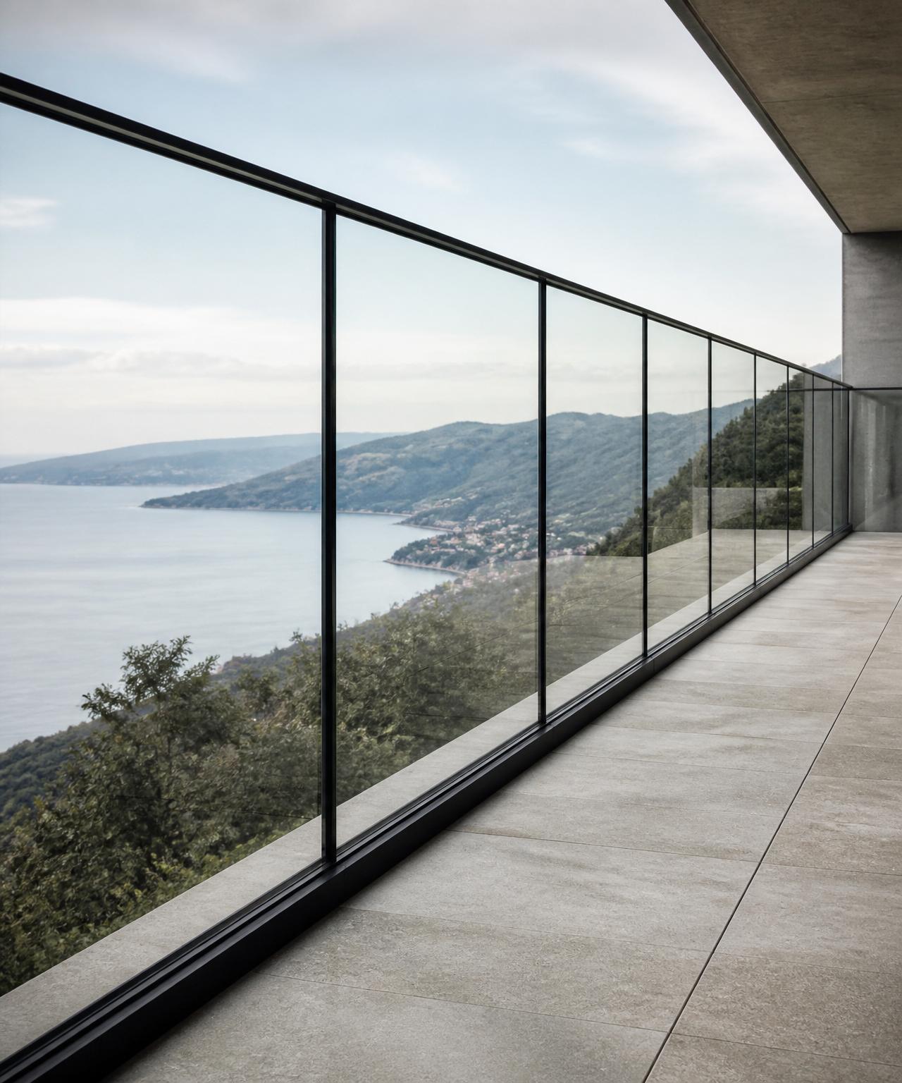Barana GEA RAILING M — vidre laminat 6+6 mm, muntants d'acer mínims, passamà superior d'acer