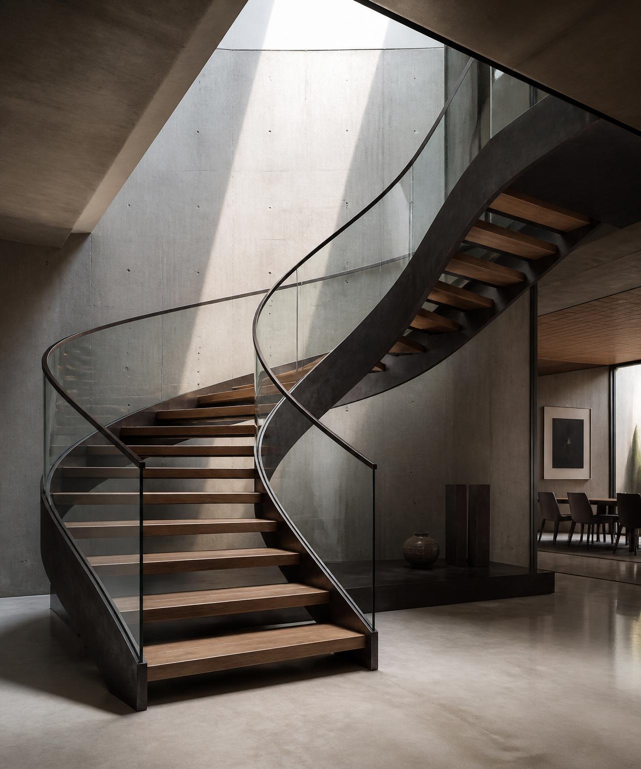 Escala GEA STAIRS L — helicoïdal o volada, estructura corba o de volada, graons de fusta massissa, barana de vidre estructural